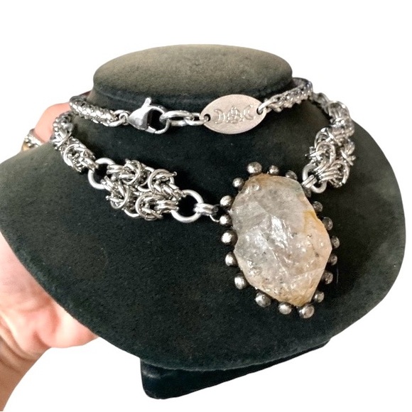 Big herkimer diamond crystal on handmade maille stainless steel chain boho goth - Picture 4 of 13